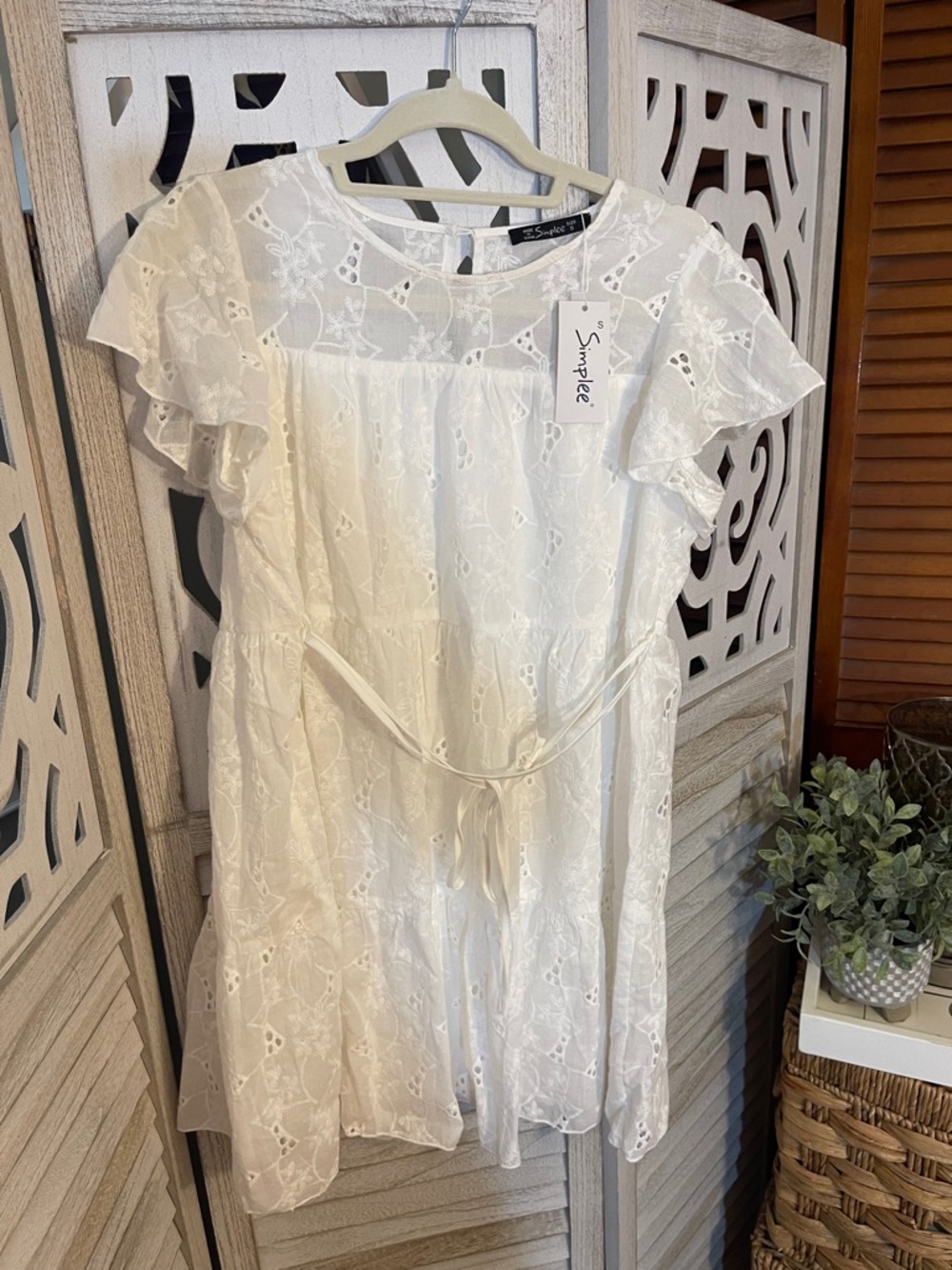 Simplee White Eyelet Lace Short Dress with Ruffle Detail